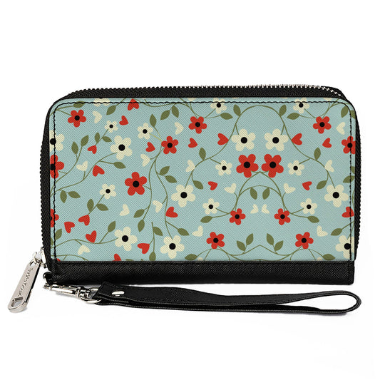 Women's PU Zip Around Wallet Rectangle - Ditsy Floral Chain Baby Blue Red White Green