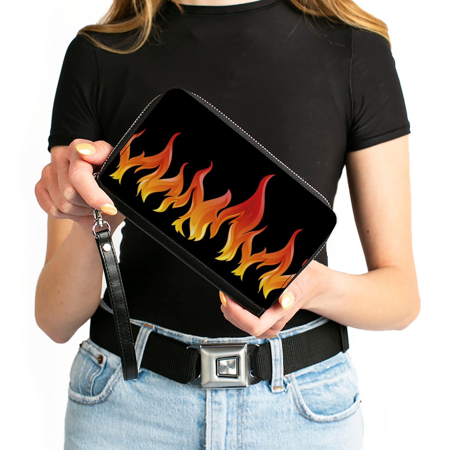 PU Zip Around Wallet Rectangle - Flames Black/Reds/Orange/Yellows