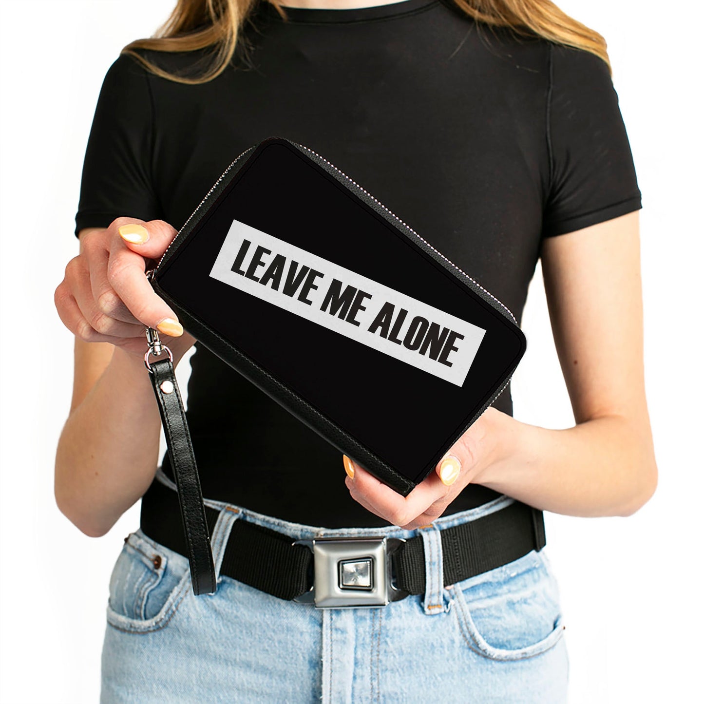 Women's PU Zip Around Wallet Rectangle - LEAVE ME ALONE Block Black White