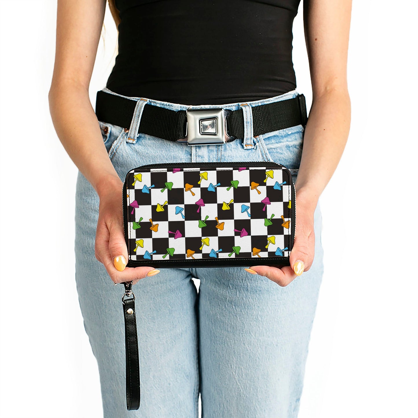 PU Zip Around Wallet Rectangle - Mushrooms Scattered2 Checker Black White Multi Neon