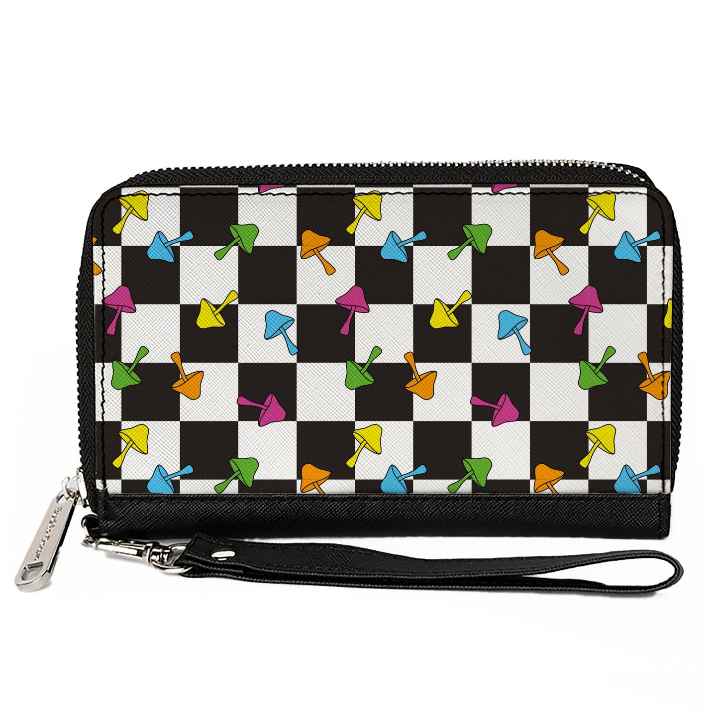 PU Zip Around Wallet Rectangle - Mushrooms Scattered2 Checker Black White Multi Neon