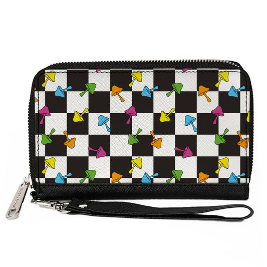 PU Zip Around Wallet Rectangle - Mushrooms Scattered2 Checker Black White Multi Neon