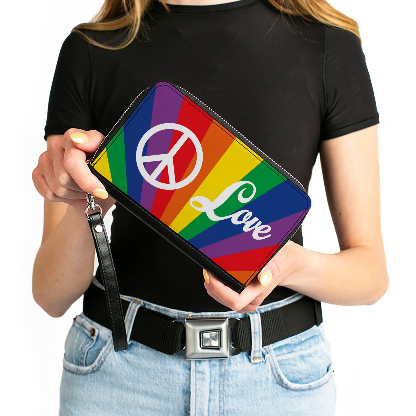 Women's PU Zip Around Wallet Rectangle - PEACE and LOVE Rainbow Rays Multi Color White