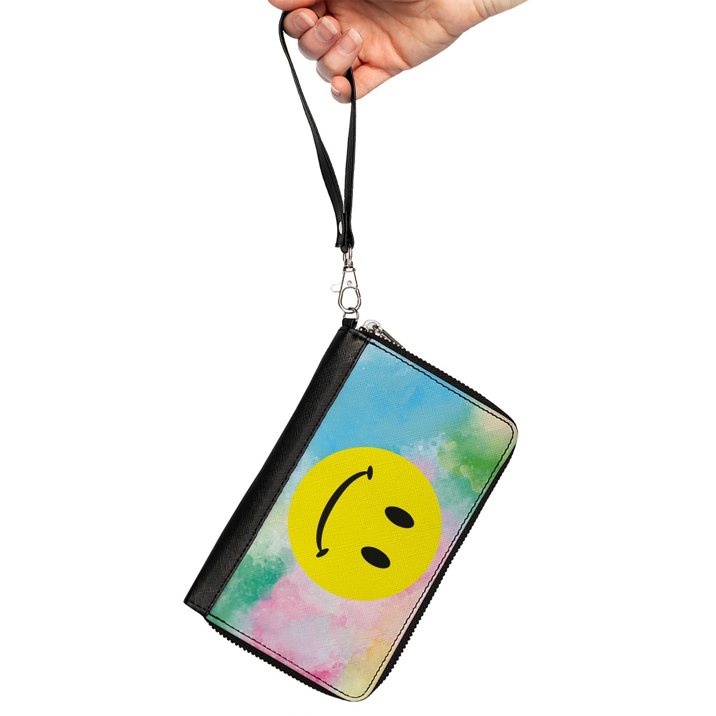 Women's PU Zip Around Wallet Rectangle - Smiley Face Tie Dye Blues Greens Pinks Yellows