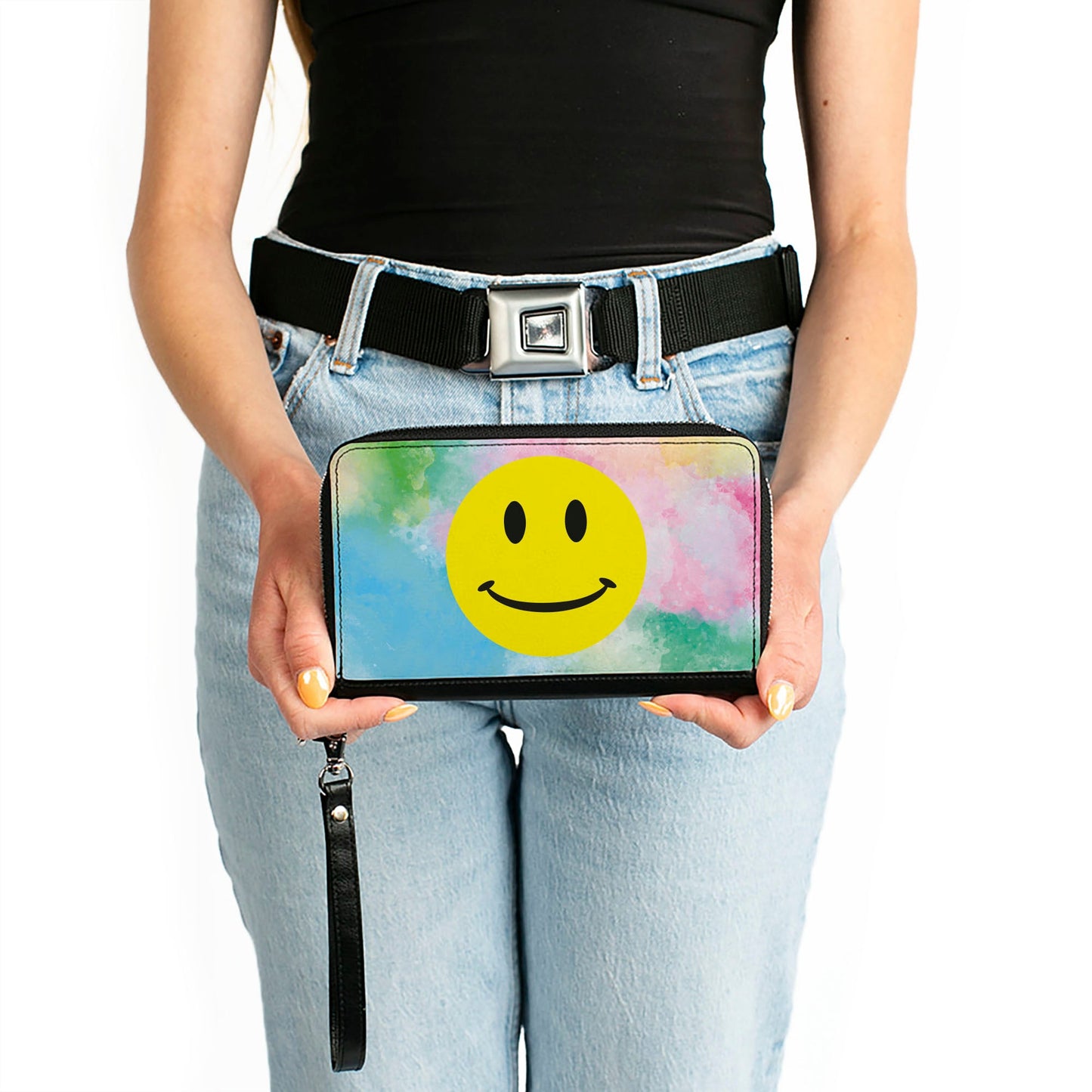 Women's PU Zip Around Wallet Rectangle - Smiley Face Tie Dye Blues Greens Pinks Yellows
