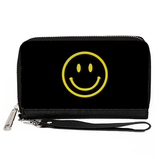 PU Zip Around Wallet Rectangle - Smiley Face Black/Yellow