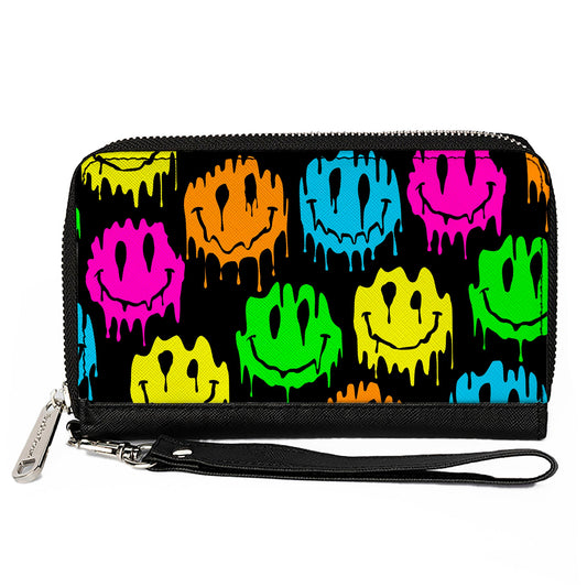 PU Zip Around Wallet Rectangle - Smiley Face Melted Repeat Black Multi Neon