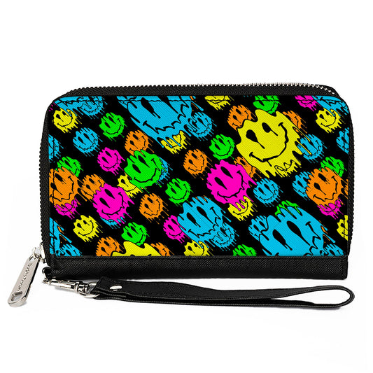 PU Zip Around Wallet Rectangle - Smiley Faces Melted Stacked Black Multi Neon