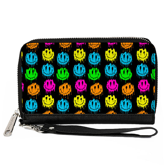 PU Zip Around Wallet Rectangle - Smiley Faces Melted Mini Repeat Black Multi Neon