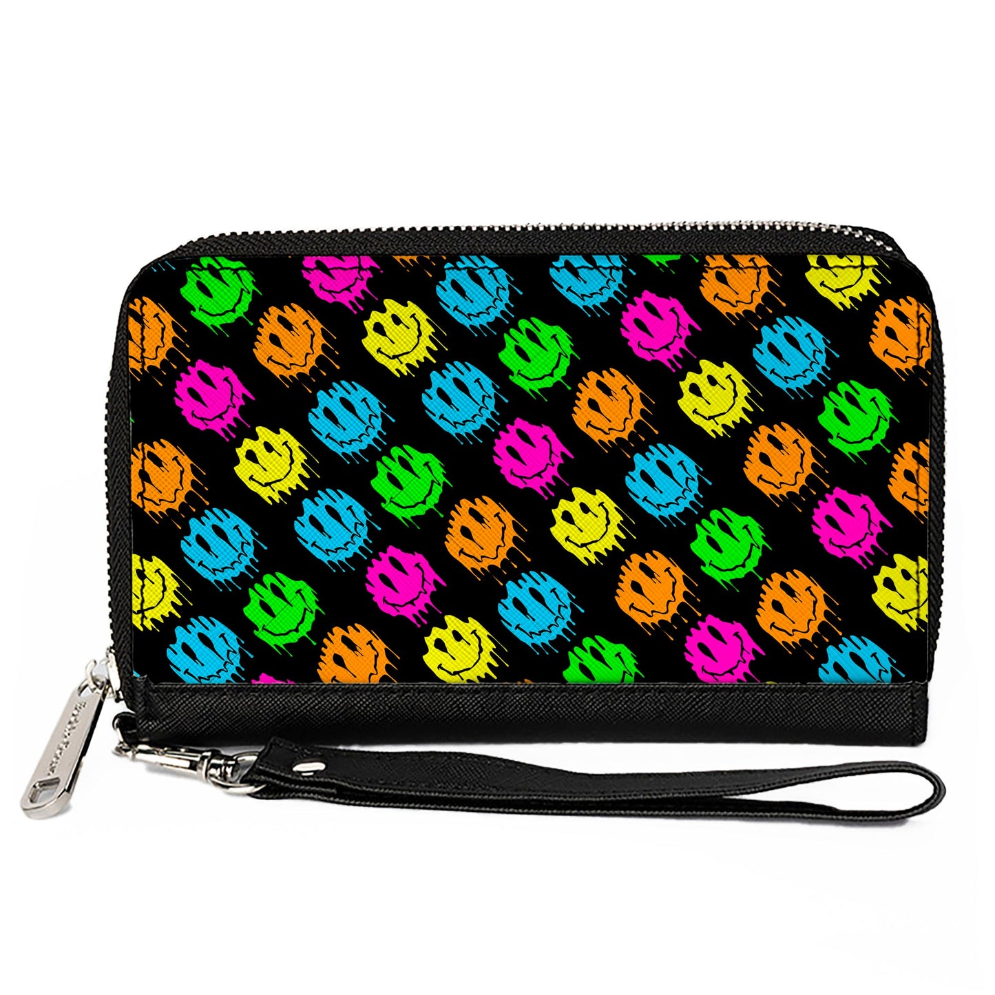 PU Zip Around Wallet Rectangle - Smiley Faces Melted Mini Repeat Angle Black Multi Neon