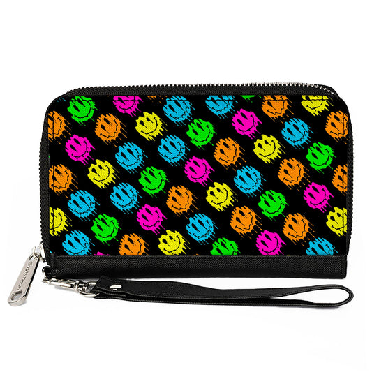 PU Zip Around Wallet Rectangle - Smiley Faces Melted Mini Repeat Angle Black Multi Neon