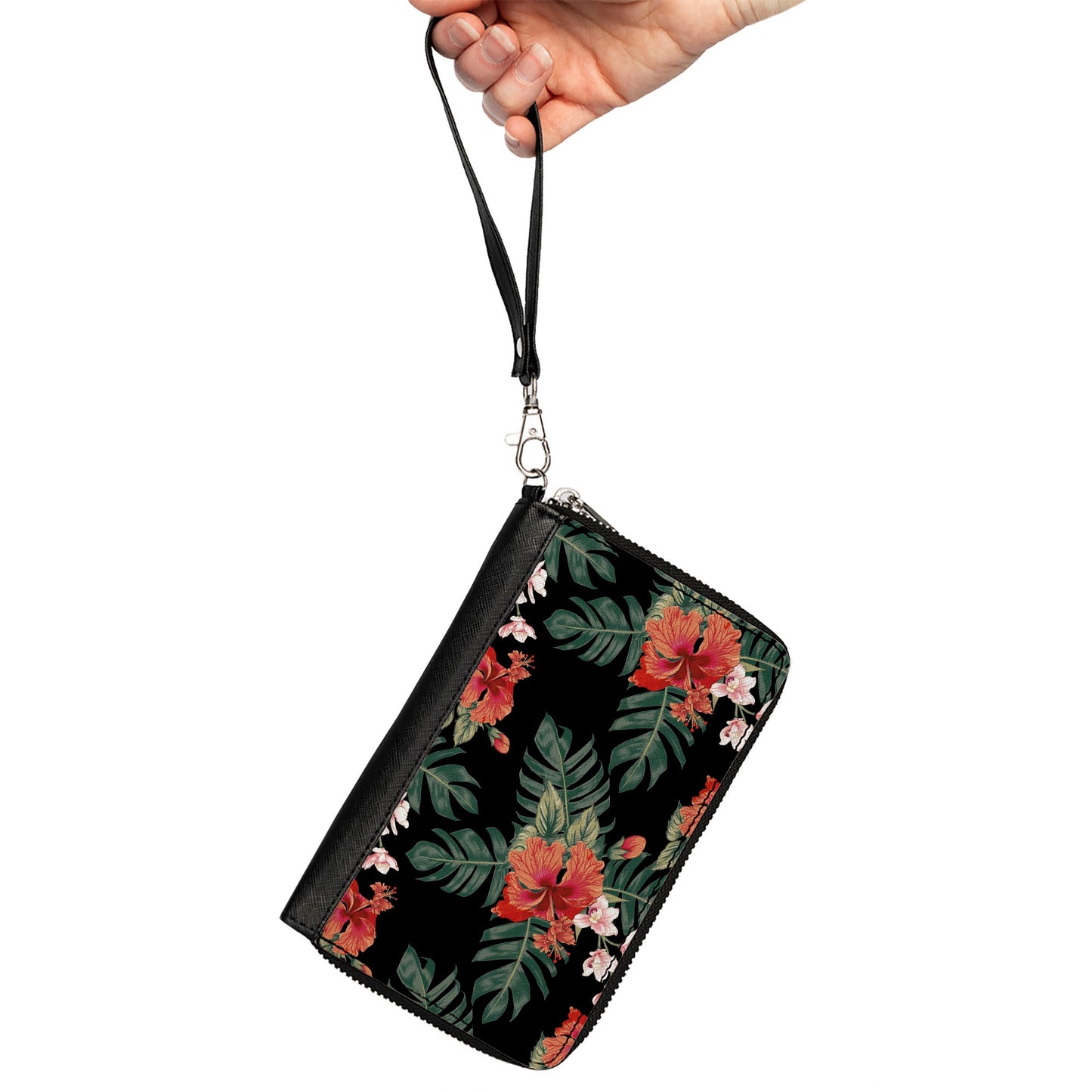 PU Zip Around Wallet Rectangle - Tropical Flora Black/Greens/Reds