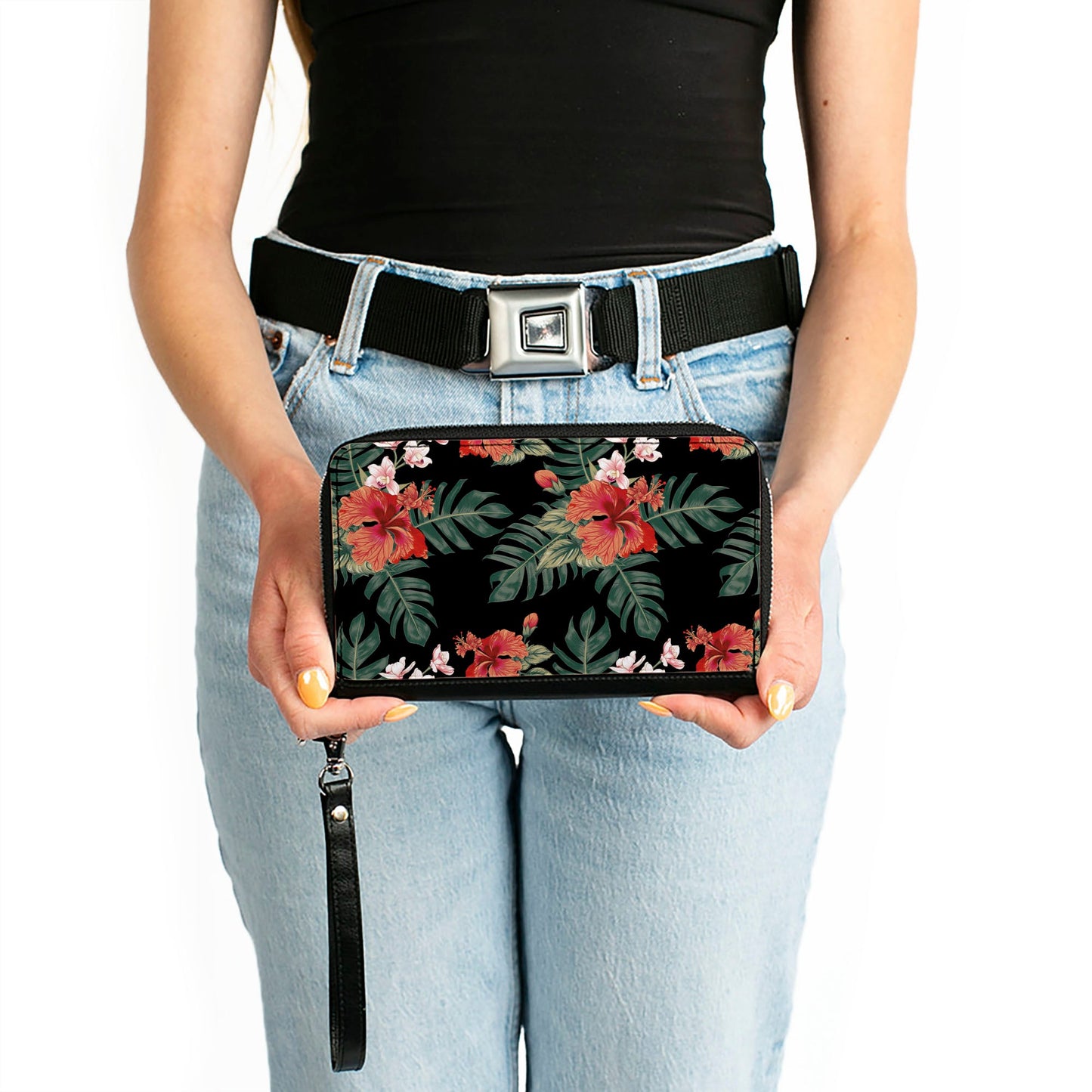 PU Zip Around Wallet Rectangle - Tropical Flora Black/Greens/Reds