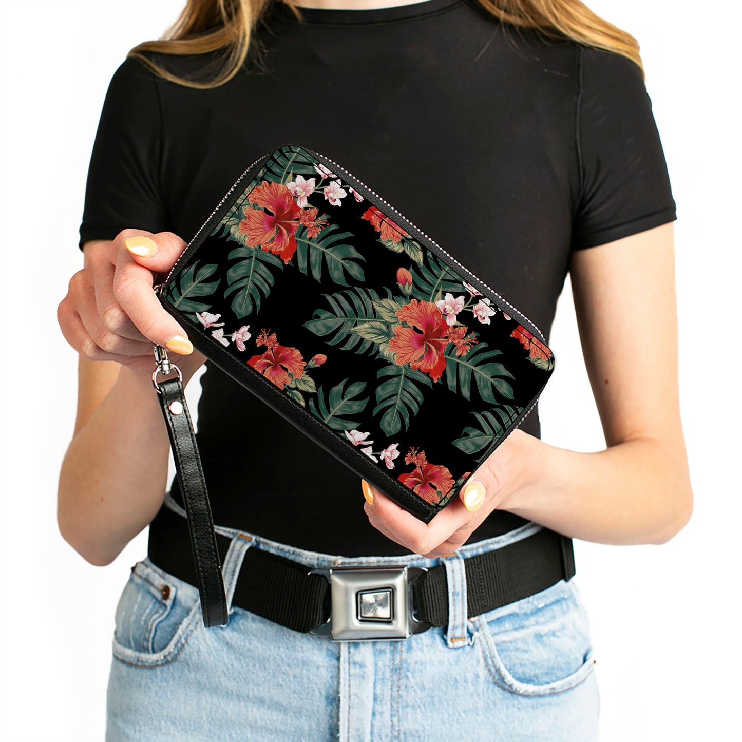 PU Zip Around Wallet Rectangle - Tropical Flora Black/Greens/Reds