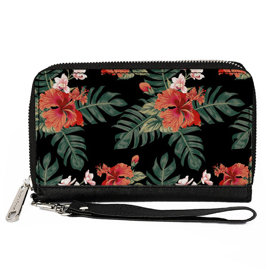 PU Zip Around Wallet Rectangle - Tropical Flora Black/Greens/Reds