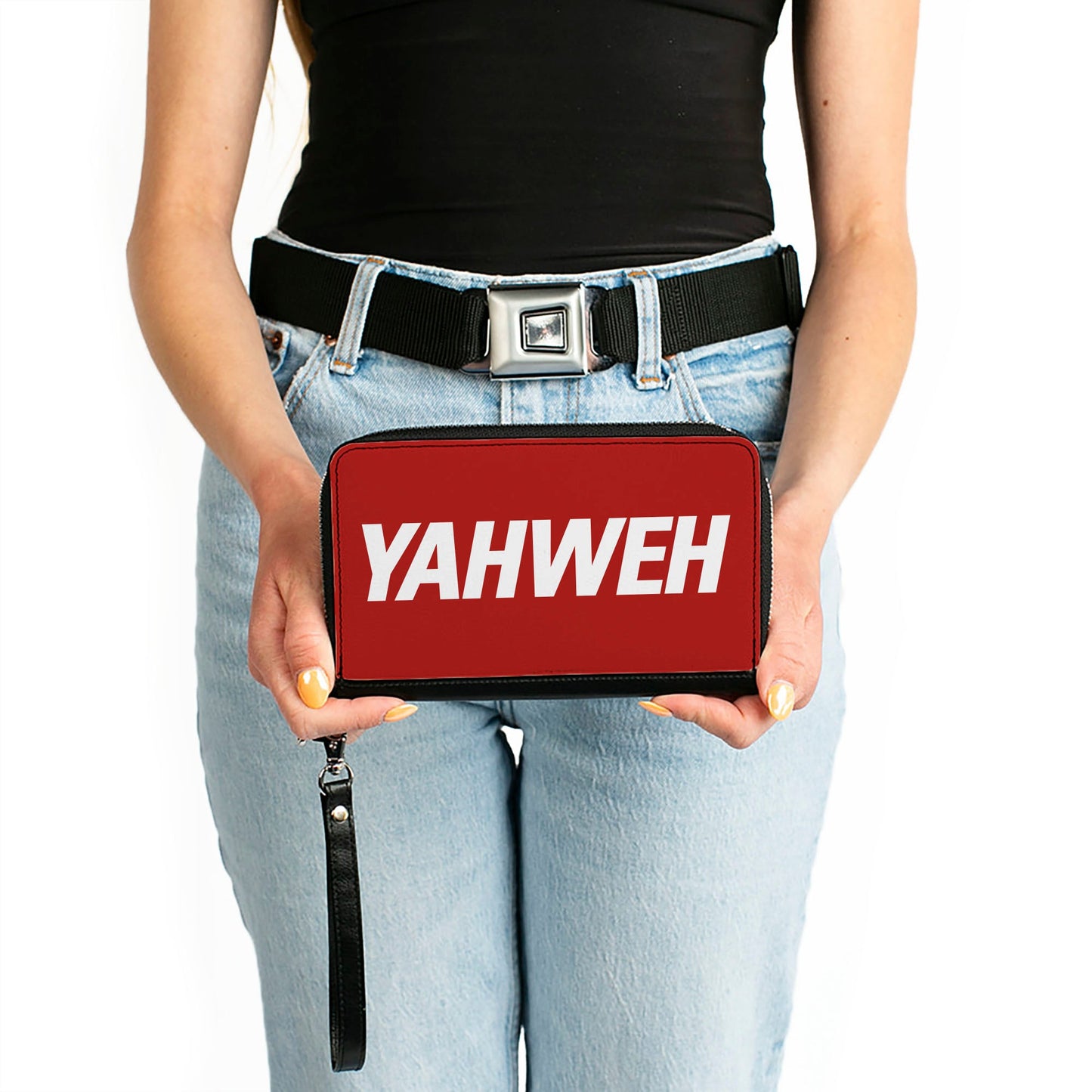 PU Zip Around Wallet Rectangle - YAHWEH Text Red White