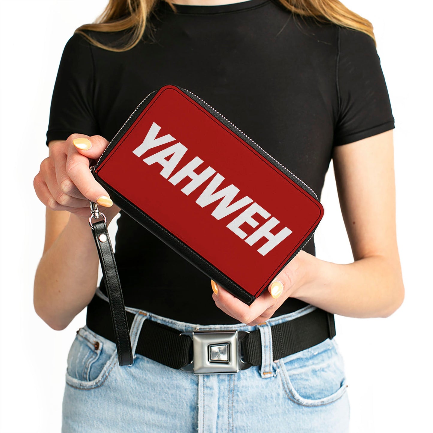 PU Zip Around Wallet Rectangle - YAHWEH Text Red White