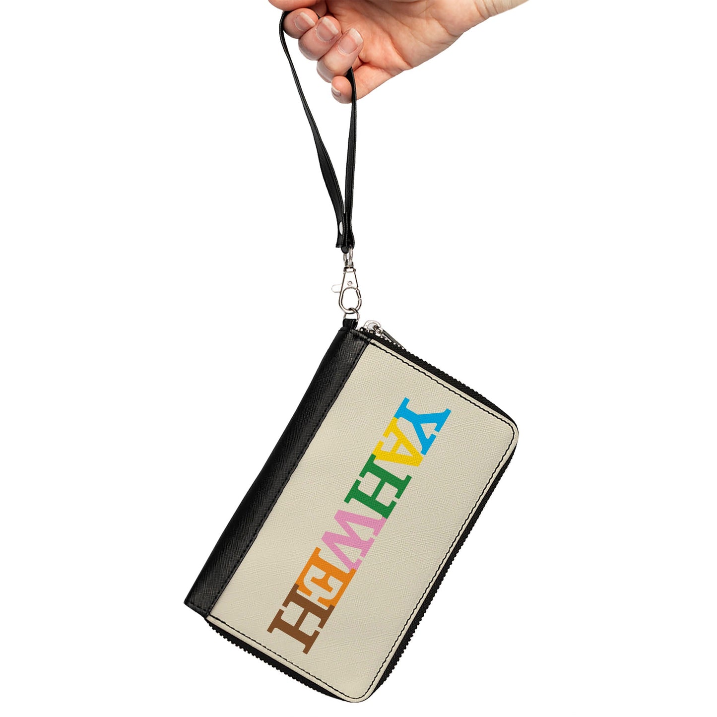 PU Zip Around Wallet Rectangle - YAHWEH Text Beige Multi Color