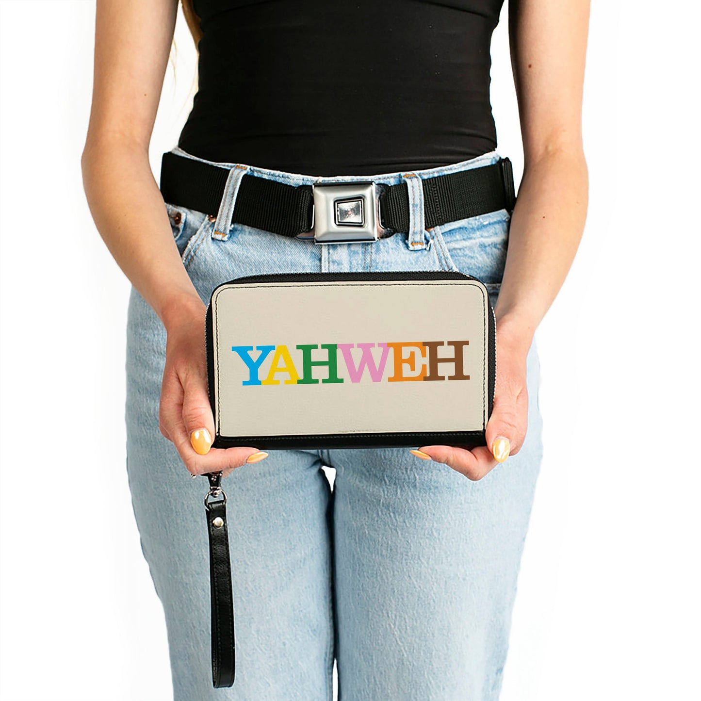 PU Zip Around Wallet Rectangle - YAHWEH Text Beige Multi Color