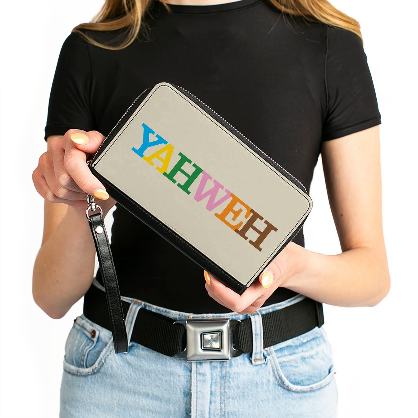 PU Zip Around Wallet Rectangle - YAHWEH Text Beige Multi Color