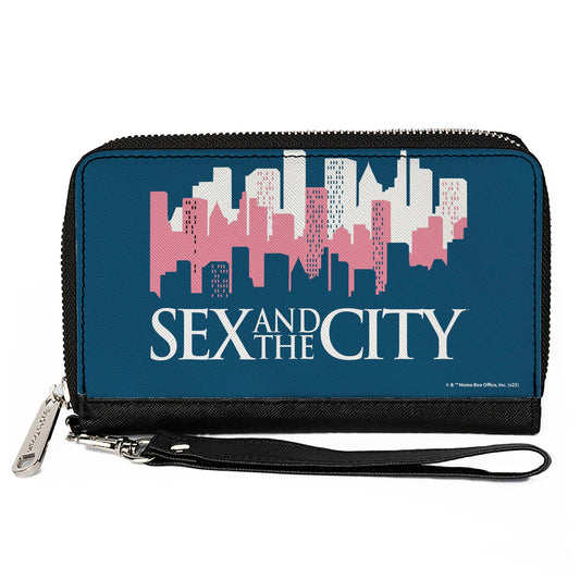 PU Zip Around Wallet Rectangle - SEX AND THE CITY Skyline Title Logo Blue/White/Pink