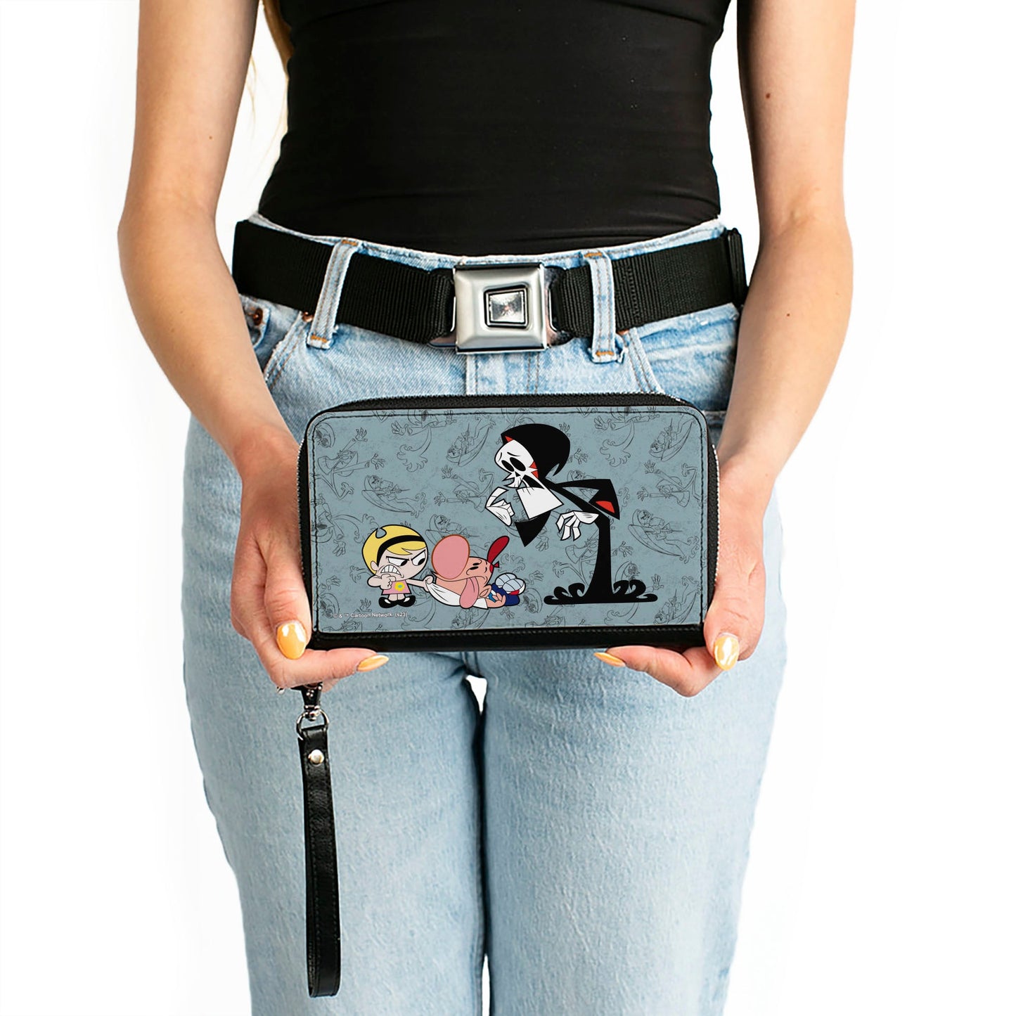 PU Zip Around Wallet Rectangle - The Grim Adventures of Billy & Mandy Group Pose and Grim Sketches Gray