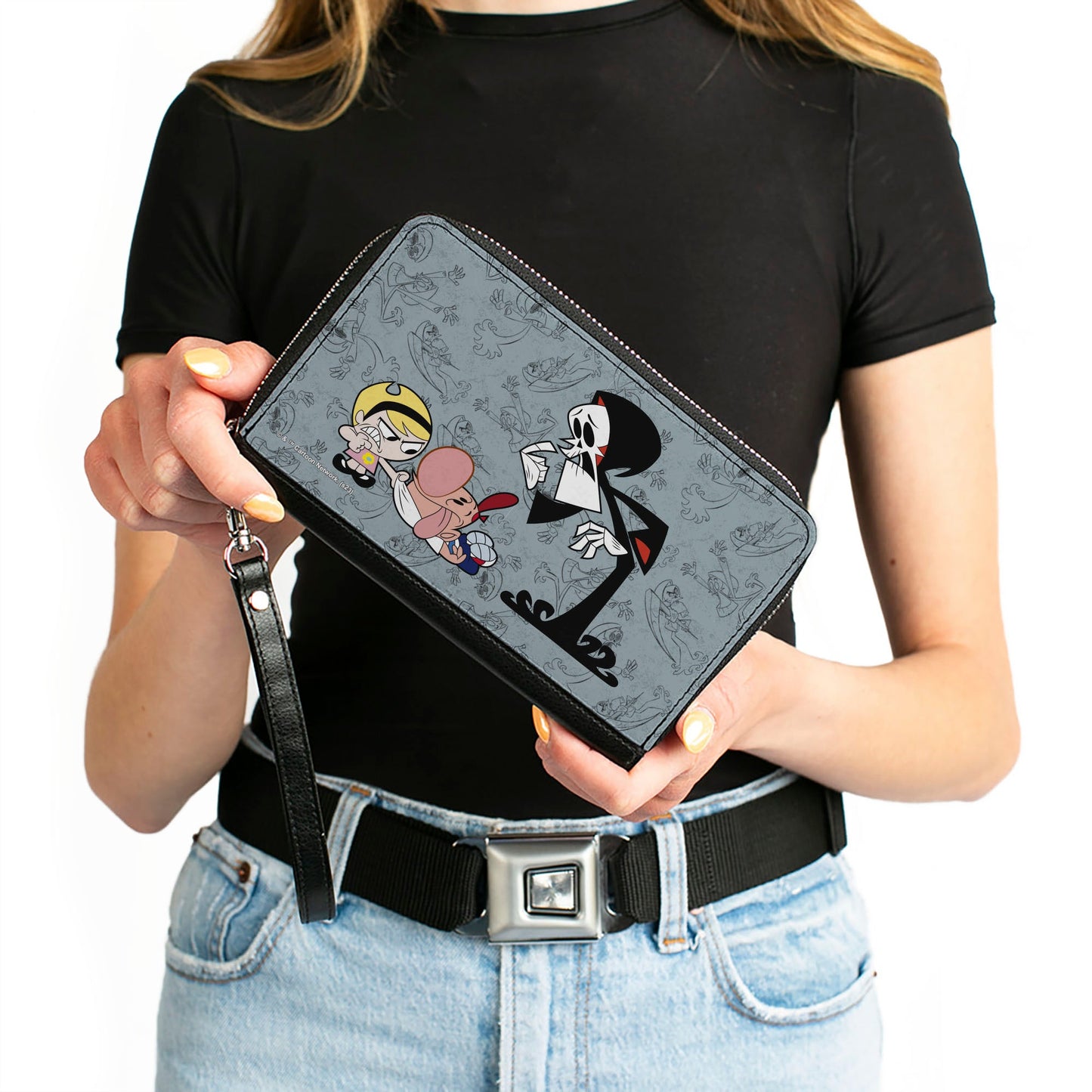PU Zip Around Wallet Rectangle - The Grim Adventures of Billy & Mandy Group Pose and Grim Sketches Gray