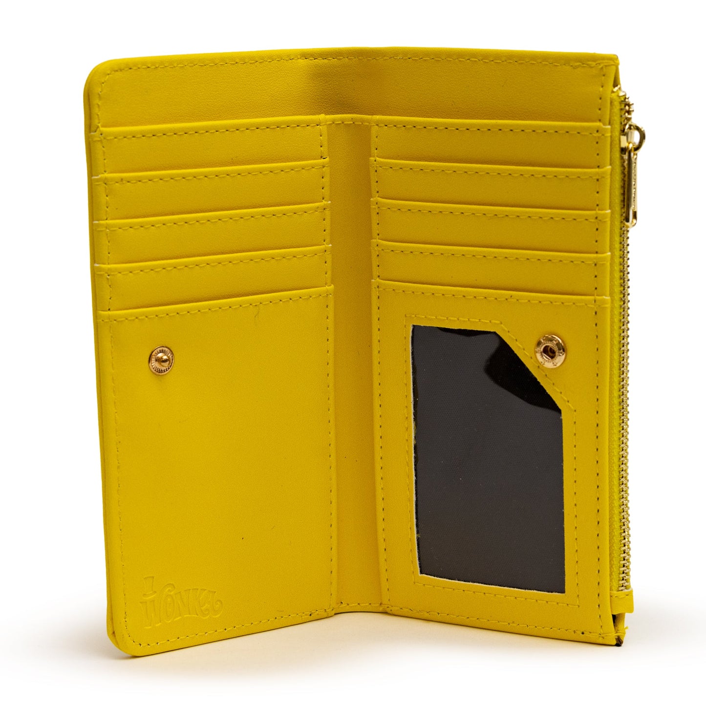 Willy Wonka Wallet, Fold Over, Snap Pouch, Chocolate Factory Golden Ticket Text, Yellow, Vegan Leather