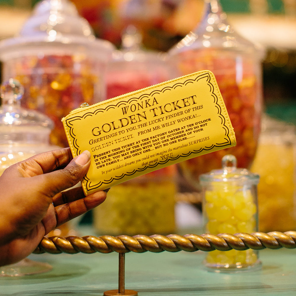 Willy Wonka Wallet, Fold Over, Snap Pouch, Chocolate Factory Golden Ticket Text, Yellow, Vegan Leather
