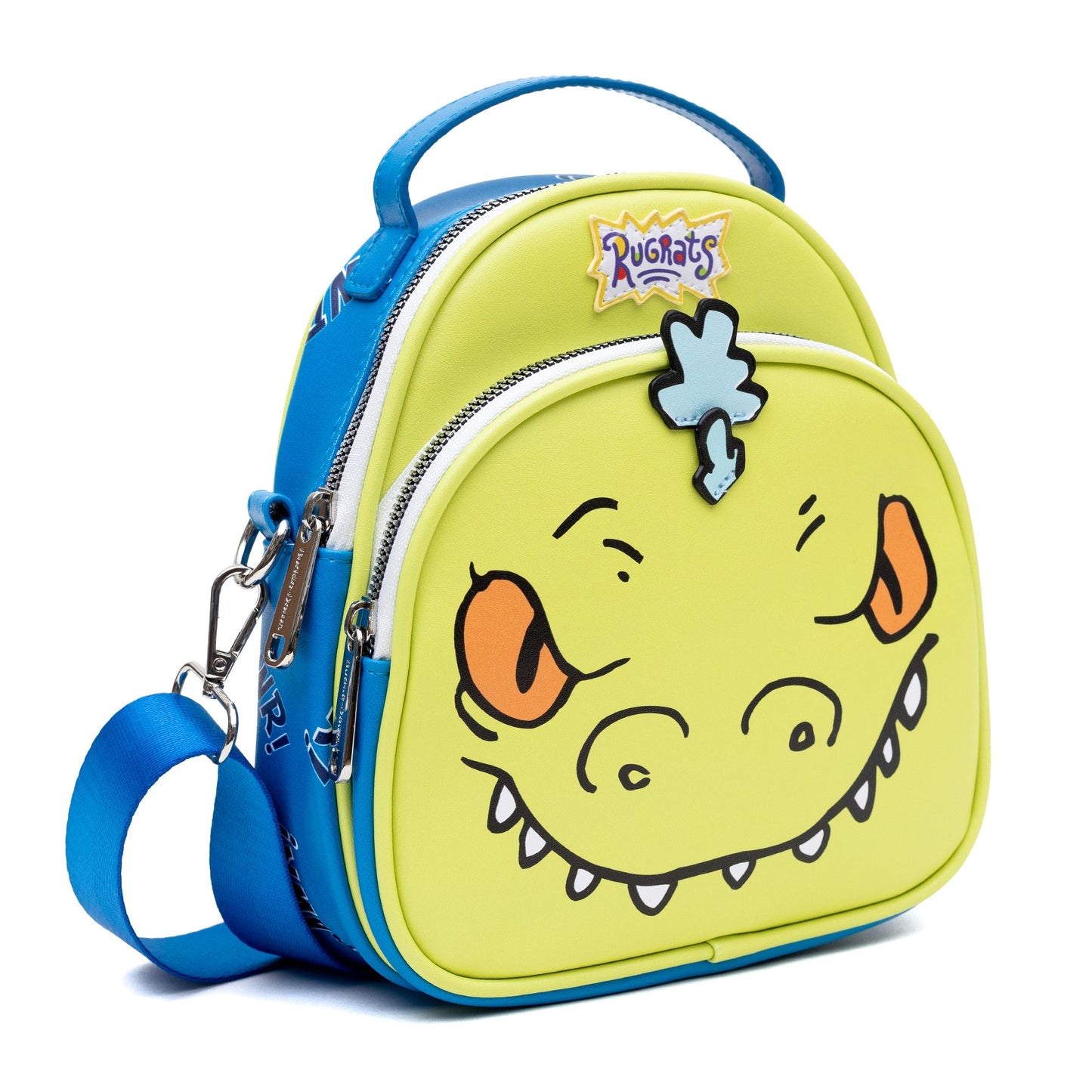 Nickelodeon Vegan Leather Crossbody Bag, Rugrats Reptar Character Close Up Applique with Rawr Text