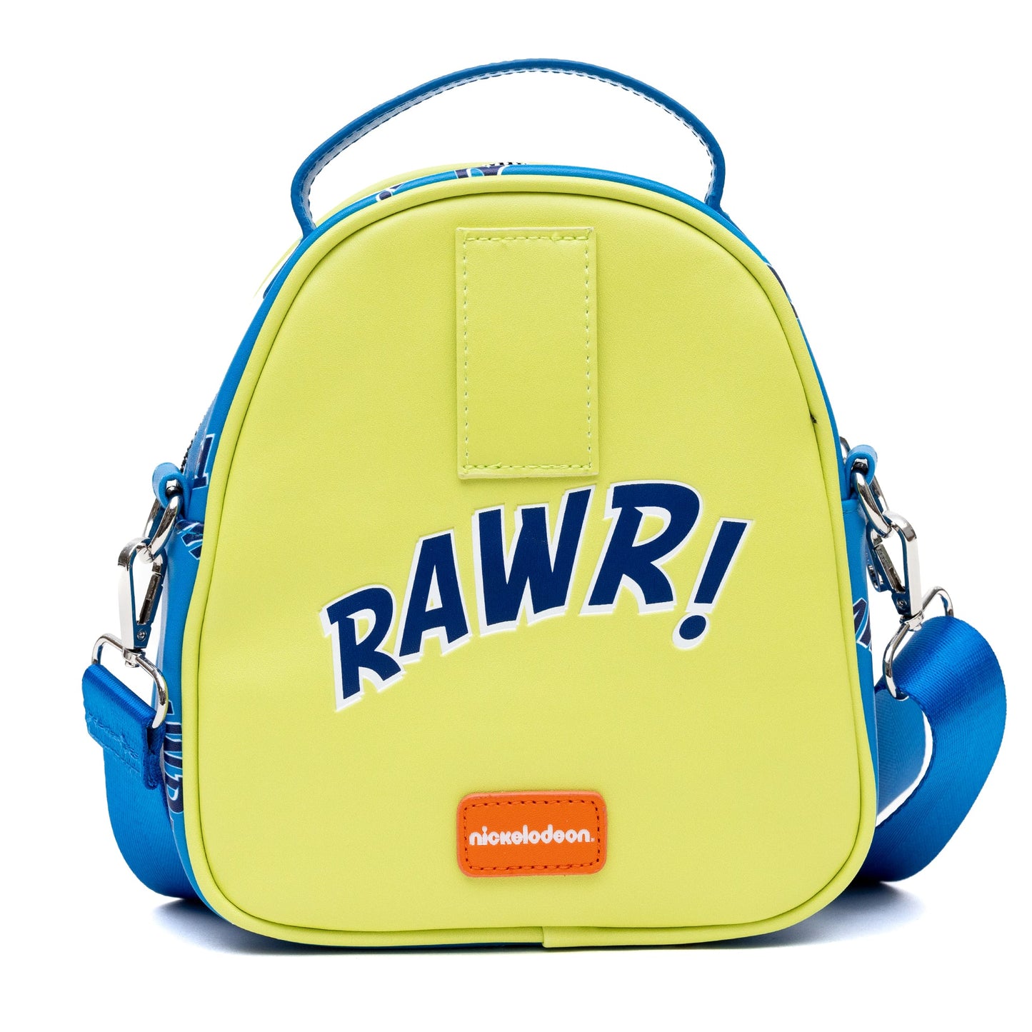 Nickelodeon Vegan Leather Crossbody Bag, Rugrats Reptar Character Close Up Applique with Rawr Text