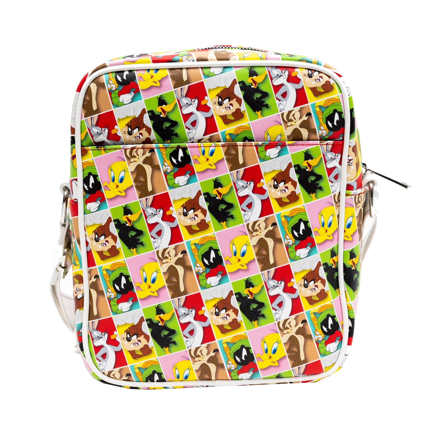 Looney Tunes Vegan Leather Crossbody Bag with Front and Back Zip Pocket, Looney Tunes Bullseye Group Pose and Character Block Poses, 8.5" x 10.0"
