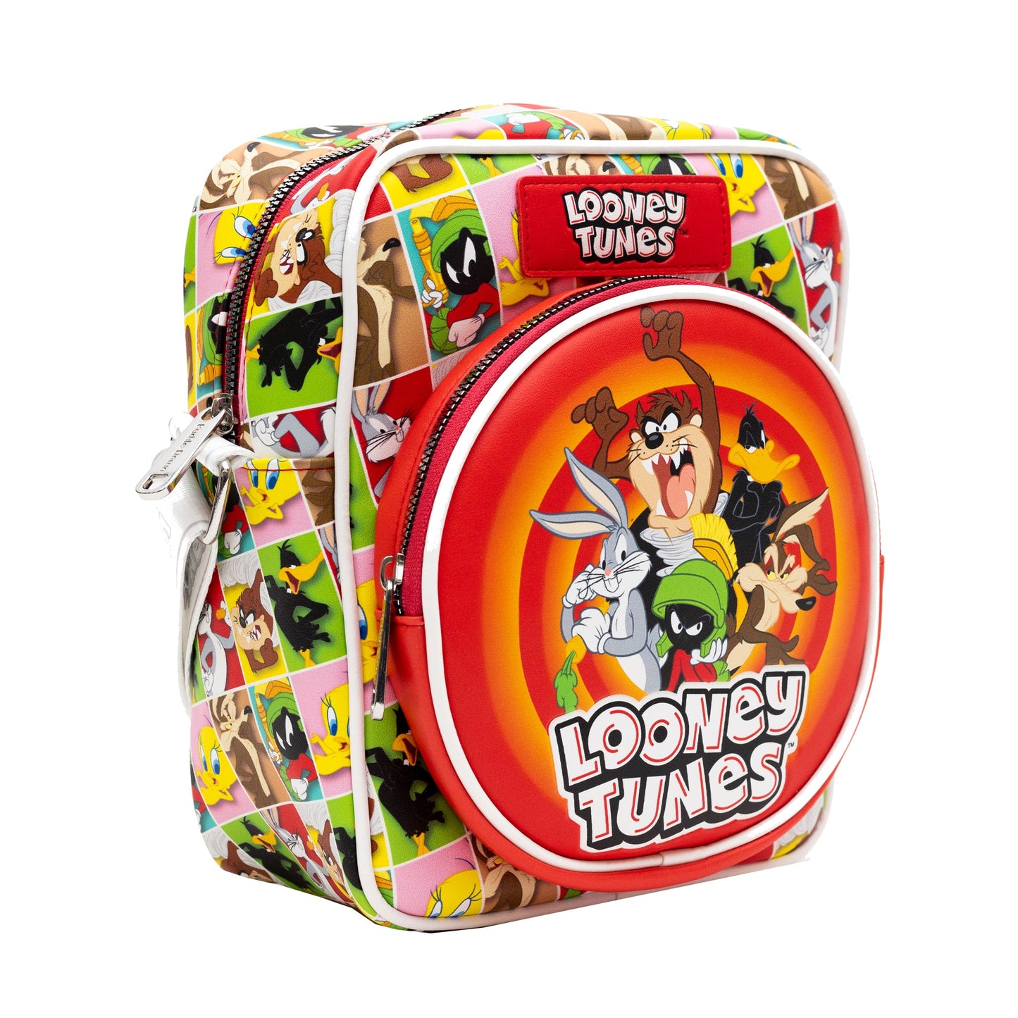 Looney Tunes Vegan Leather Crossbody Bag with Front and Back Zip Pocket, Looney Tunes Bullseye Group Pose and Character Block Poses, 8.5" x 10.0"