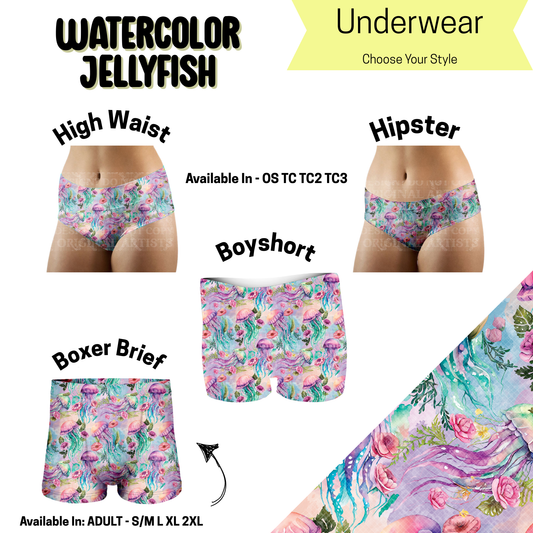 Preorder! Closes 5/14. ETA August. Watercolor Jellyfish Hipster, High Waist, & Boyshort Underwear & Boxer Briefs