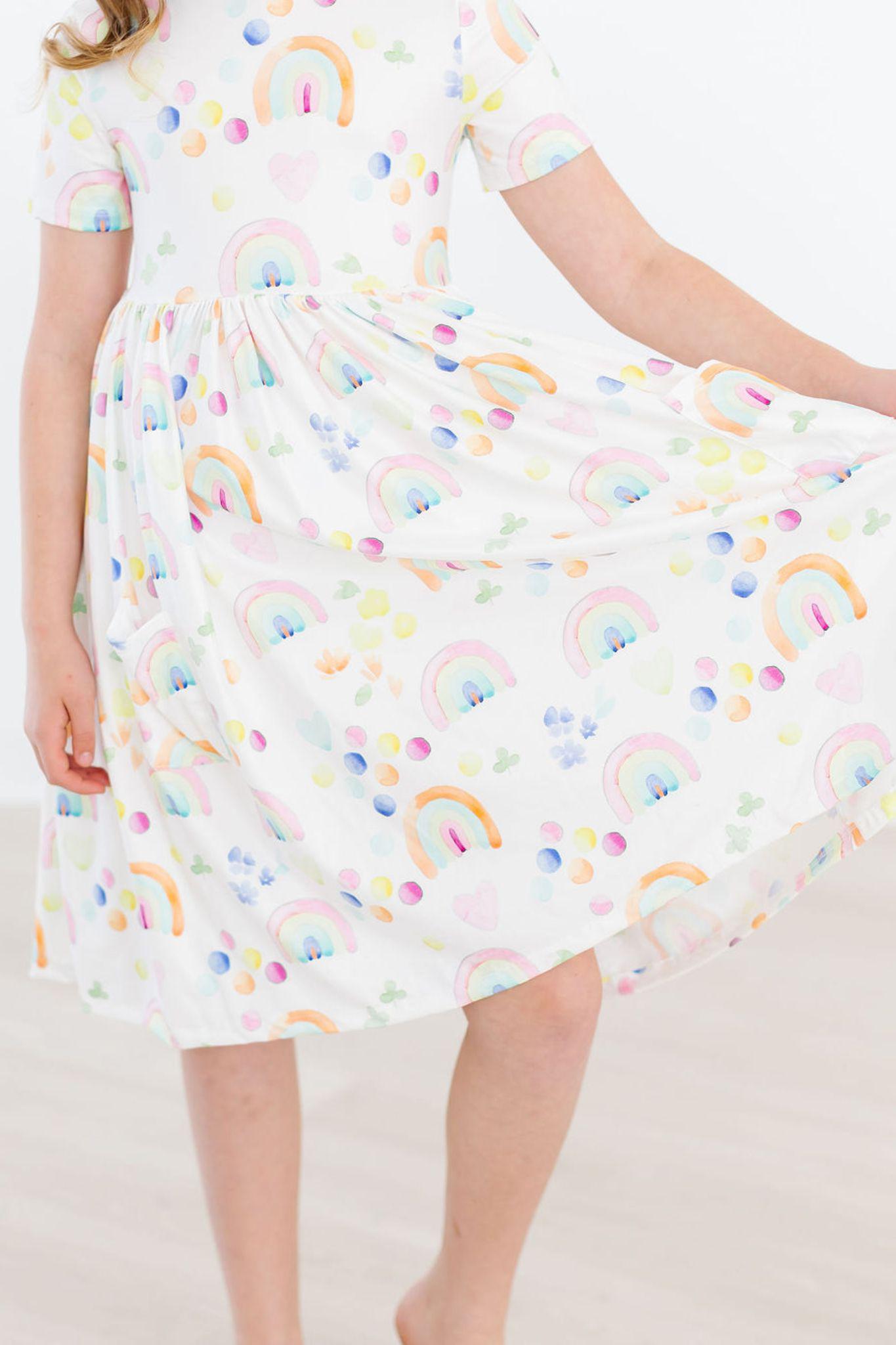 SALE Watercolor Rainbows S/S Pocket Twirl Dress