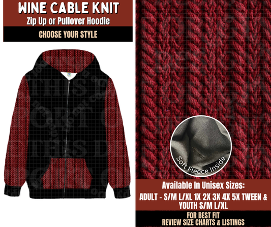 Preorder! Closes 9/21. ETA Dec. Wine Cable Knit Zip-Up or Pullover Hoodie