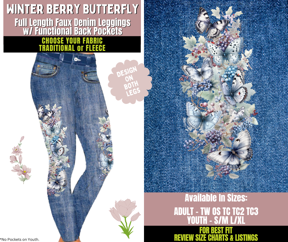 Preorder! Closes 10/8. ETA Dec. Winter Berry Butterfly Leggings w/ Side Leg Designs Choose Fleece or Traditional