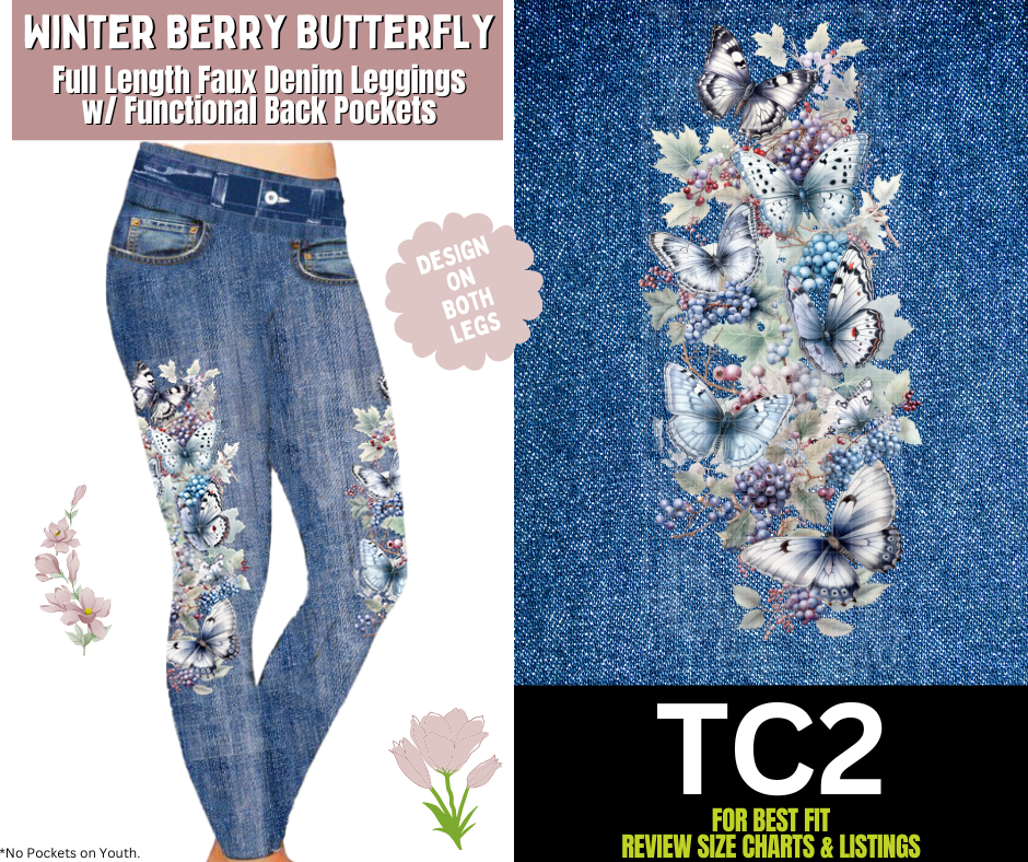 Winter Berry Butterfly Full Length Faux Denim w/ Side Leg Designs