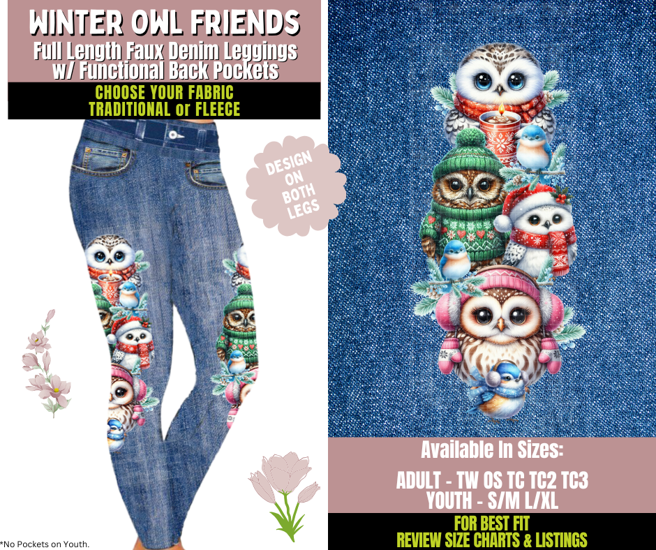 Preorder! Closes 10/8. ETA Dec. Winter Owl Friends Leggings w/ Side Leg Designs Choose Fleece or Traditional