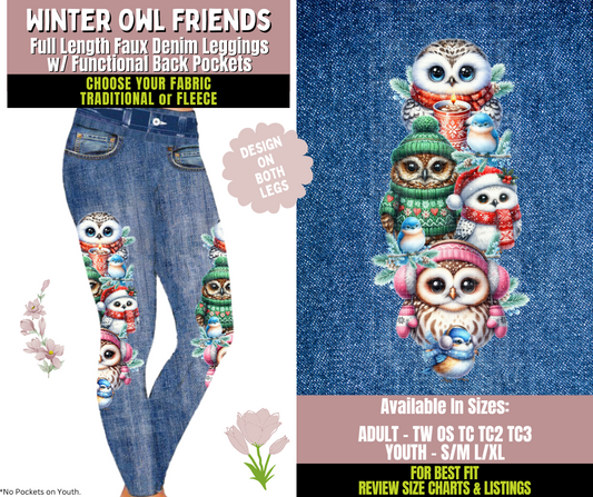 Preorder! Closes 10/8. ETA Dec. Winter Owl Friends Leggings w/ Side Leg Designs Choose Fleece or Traditional