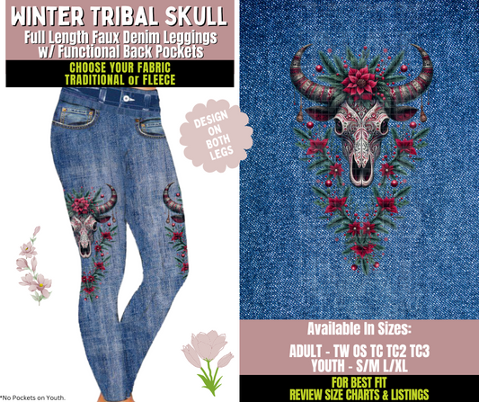 Preorder! Closes 10/8. ETA Dec. Winter Tribal Skull Leggings w/ Side Leg Designs Choose Fleece or Traditional