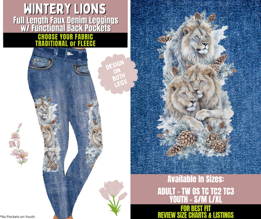 Preorder! Closes 10/8. ETA Dec. Wintery Lions Leggings w/ Side Leg Designs Choose Fleece or Traditional