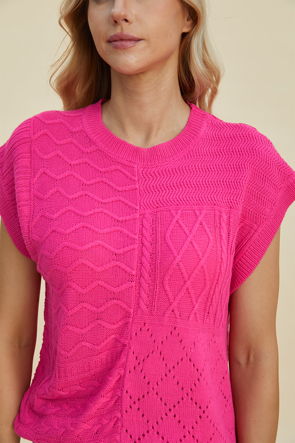 Double Take Cable-Knit Round Neck Cap Sleeve Sweater