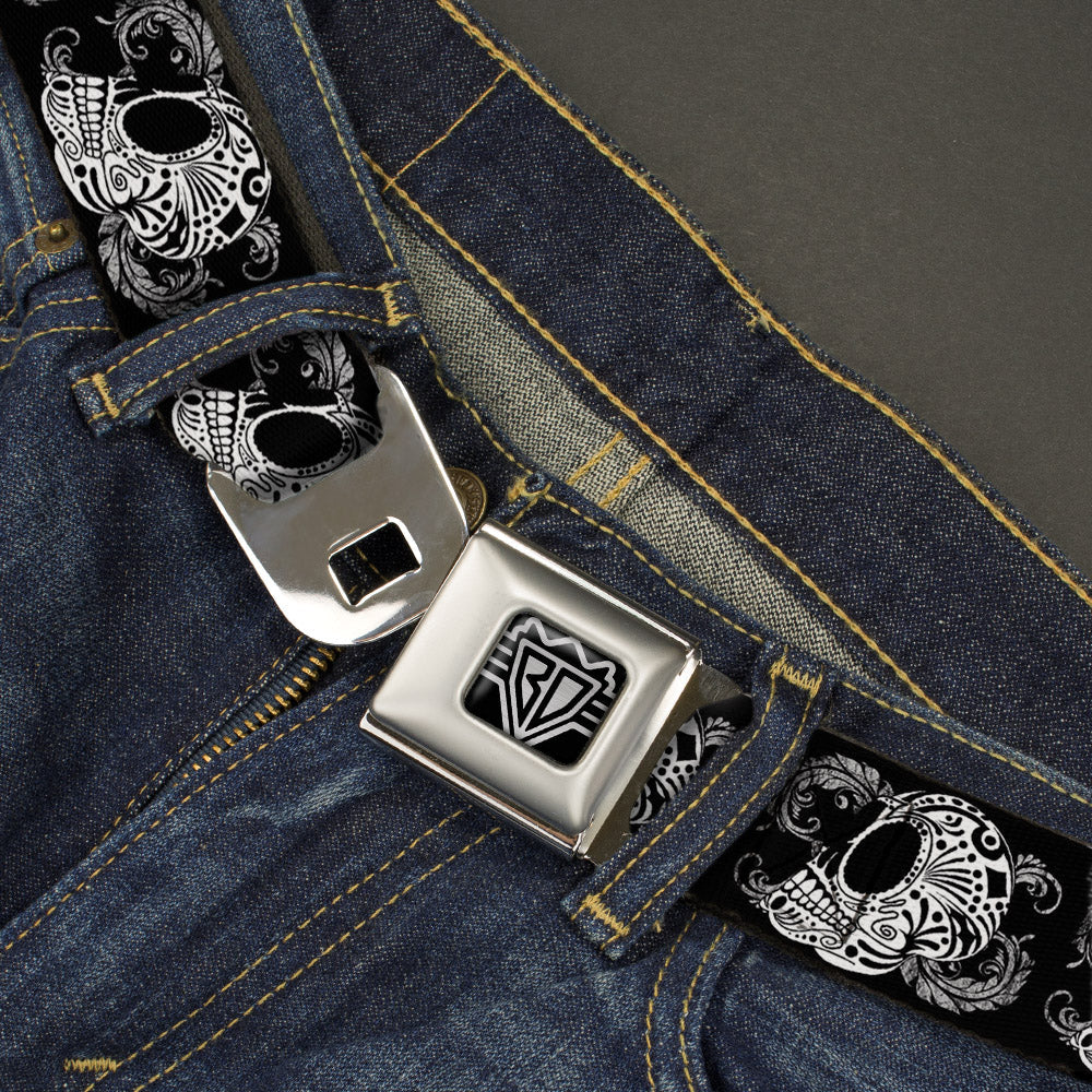 BD Wings Logo CLOSE-UP Full Color Black Silver Seatbelt Belt - Tattoo Skull Floral Black/White Webbing