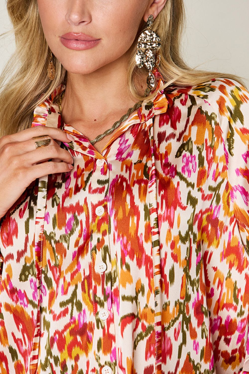 Double Take Printed Button Up Long Sleeve Shirt