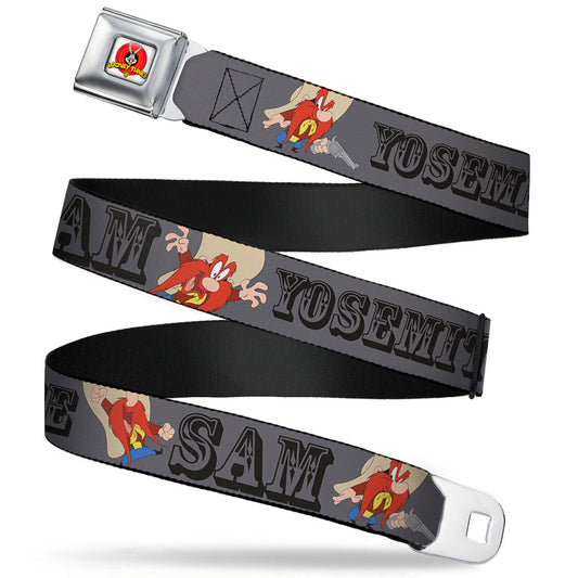 Looney Tunes Logo Full Color White Seatbelt Belt - YOSEMITE SAM w/Poses Gray Webbing