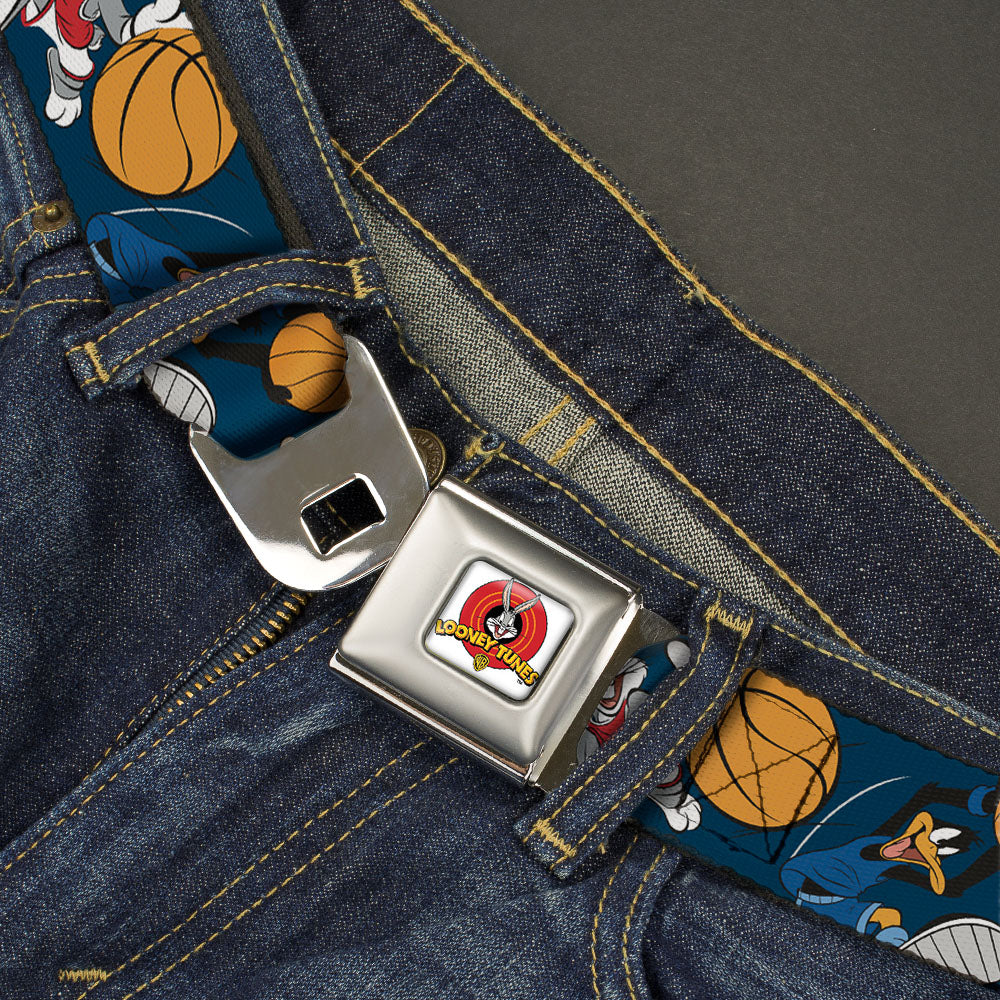 Looney Tunes Logo Full Color White Seatbelt Belt - Looney Tunes Basketball 8-Player Action Poses Navy Webbing
