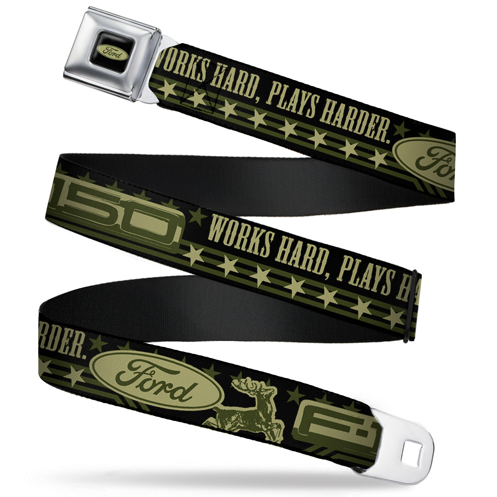 FORD Oval Full Color Black Tan Olive Seatbelt Belt - FORD F-150 WORKS HARD, PLAYS HARDER./Stars Black/Tan/Olive Webbing