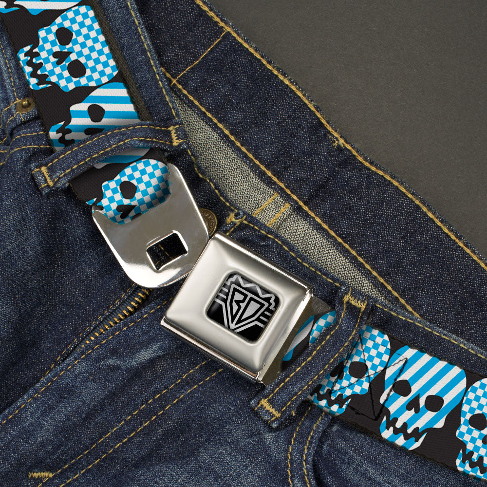 BD Wings Logo CLOSE-UP Full Color Black Silver Seatbelt Belt - Checker & Stripe Skulls Black/White/Baby Blue Webbing