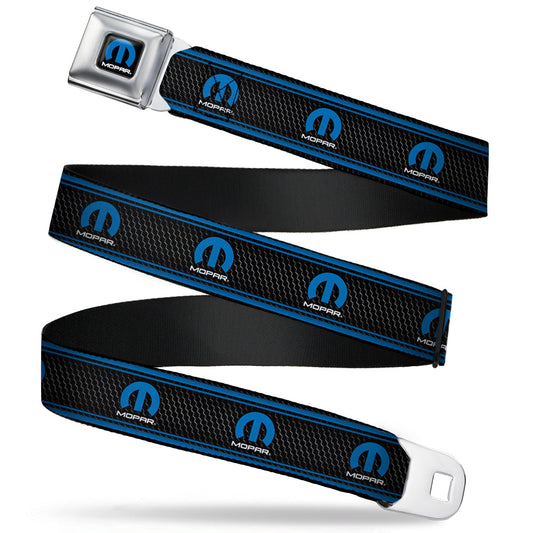 MOPAR Logo Full Color Black Blue White Seatbelt Belt - MOPAR Logo/Stripe/Grill Black/Grays/Blues Webbing